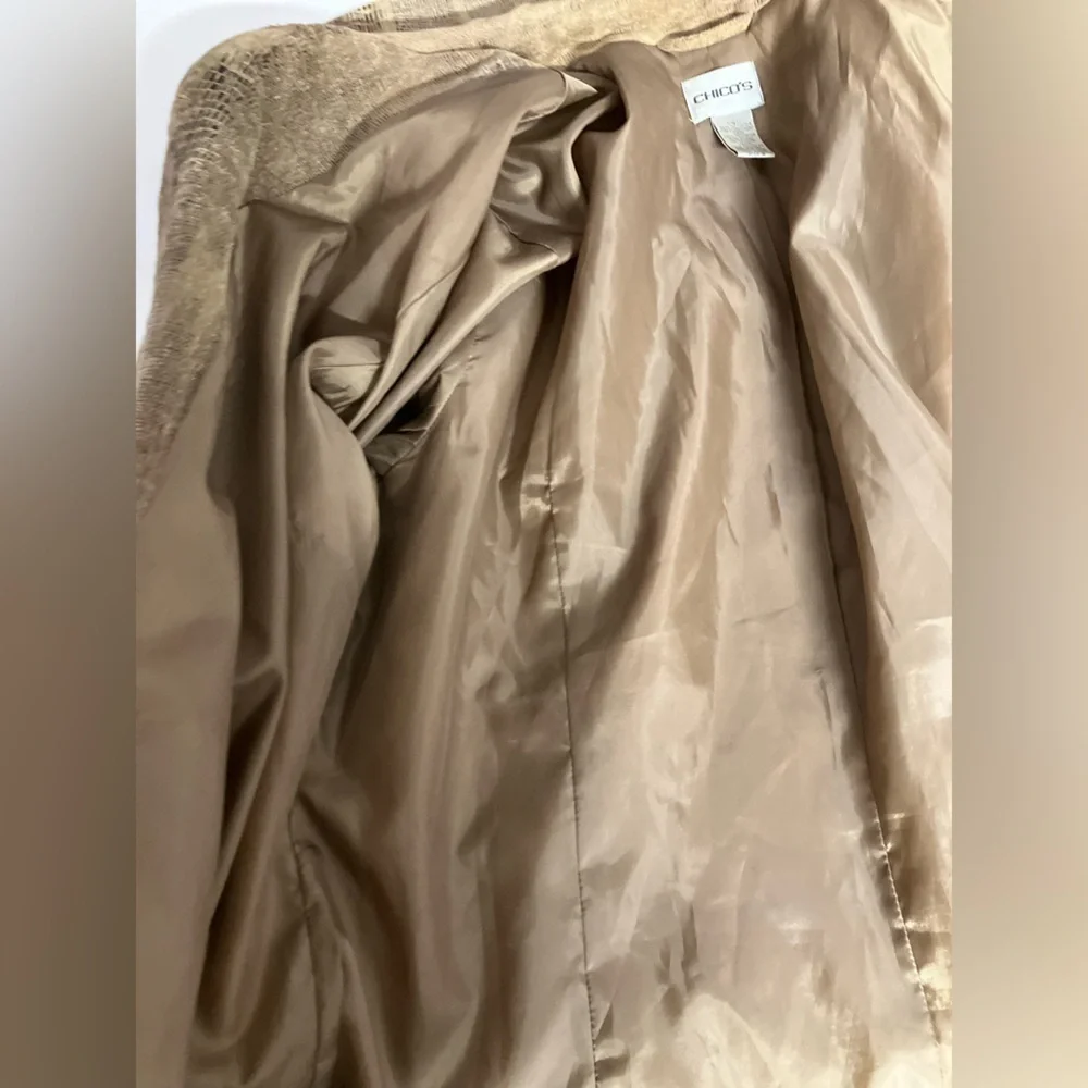 Chico’s Women's  Jacket, Size 2, Snakeskin Print, Full Button Closure, Tan/Brown